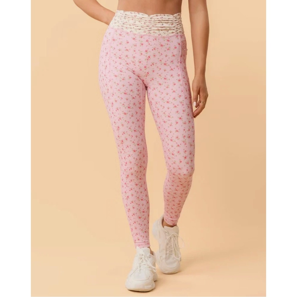Blogilates Ruched Waist Legging Womens 3X Pink Gingham Floral High Rise NWT